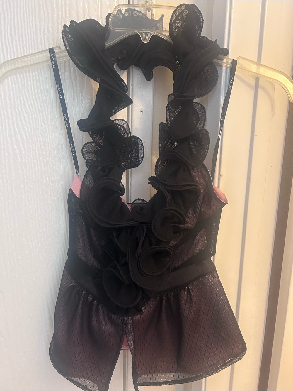 BEBE Pink and Black Ruffle-Trim Women’s Halter Top Size S